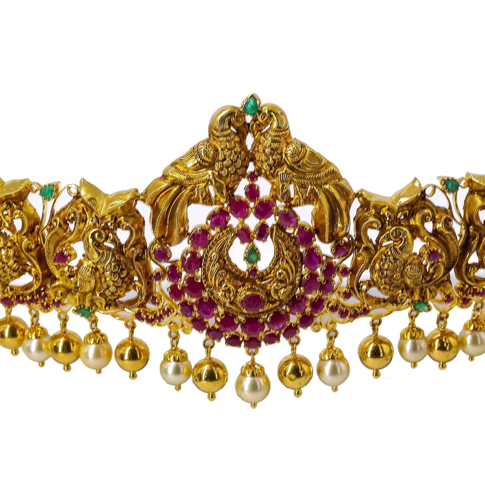 22K Yellow Gold Peacock Vaddanam Waist Belt W/ Emeralds, Rubies, Pearls & Detachable Centerpiece