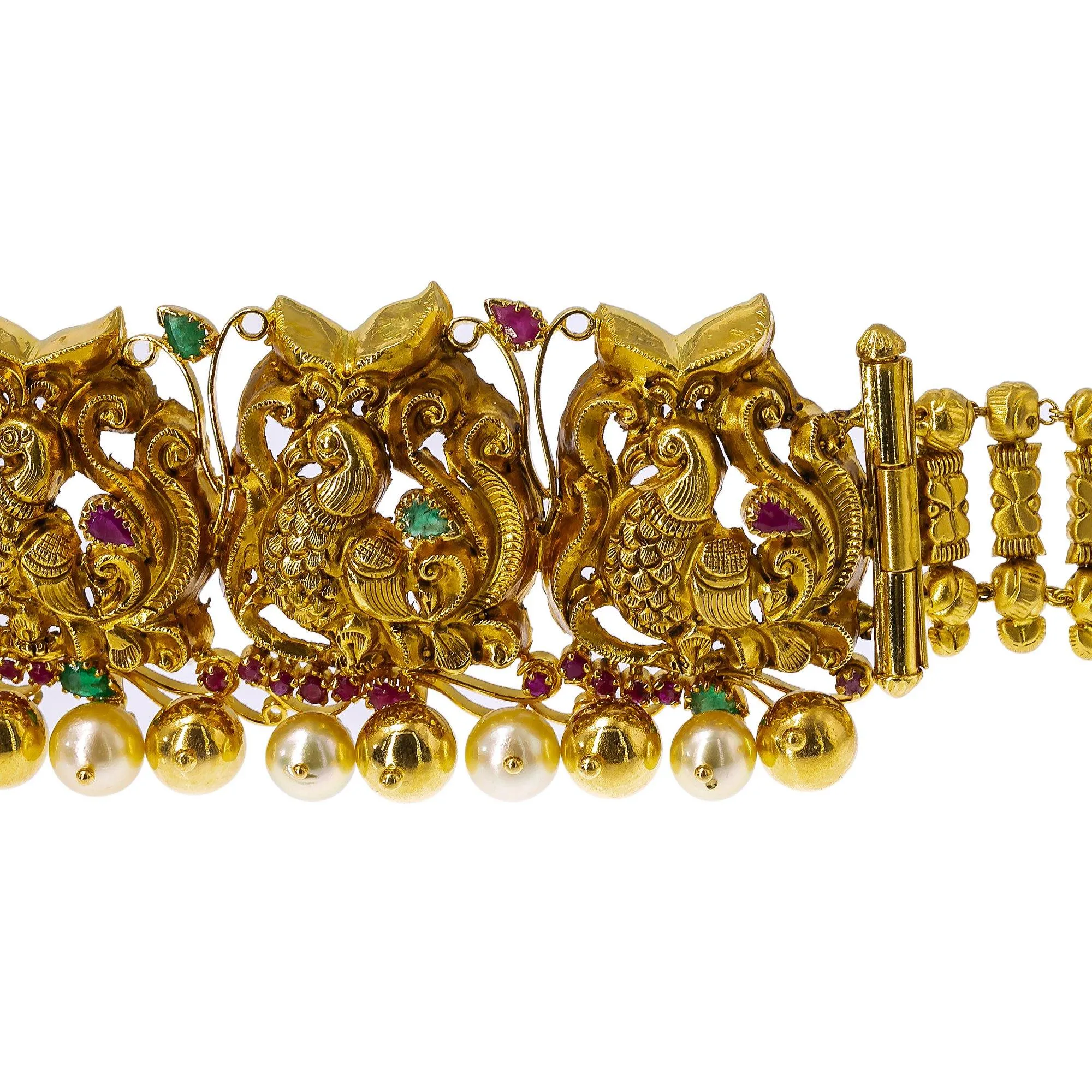 22K Yellow Gold Peacock Vaddanam Waist Belt W/ Emeralds, Rubies, Pearls & Detachable Centerpiece