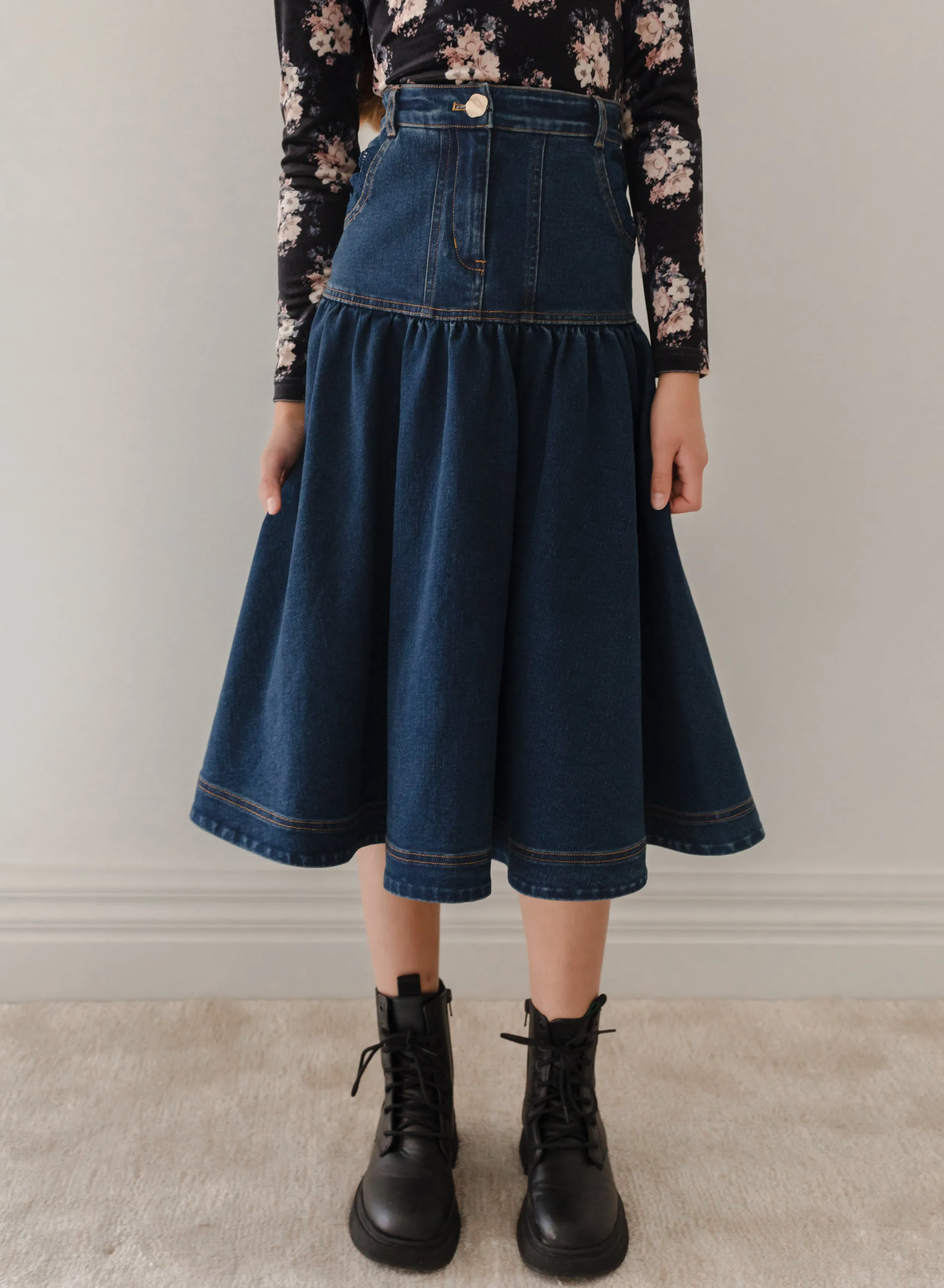 Dark Blue Long Denim Skirt with Elegant Lace Pockets - Item 3096