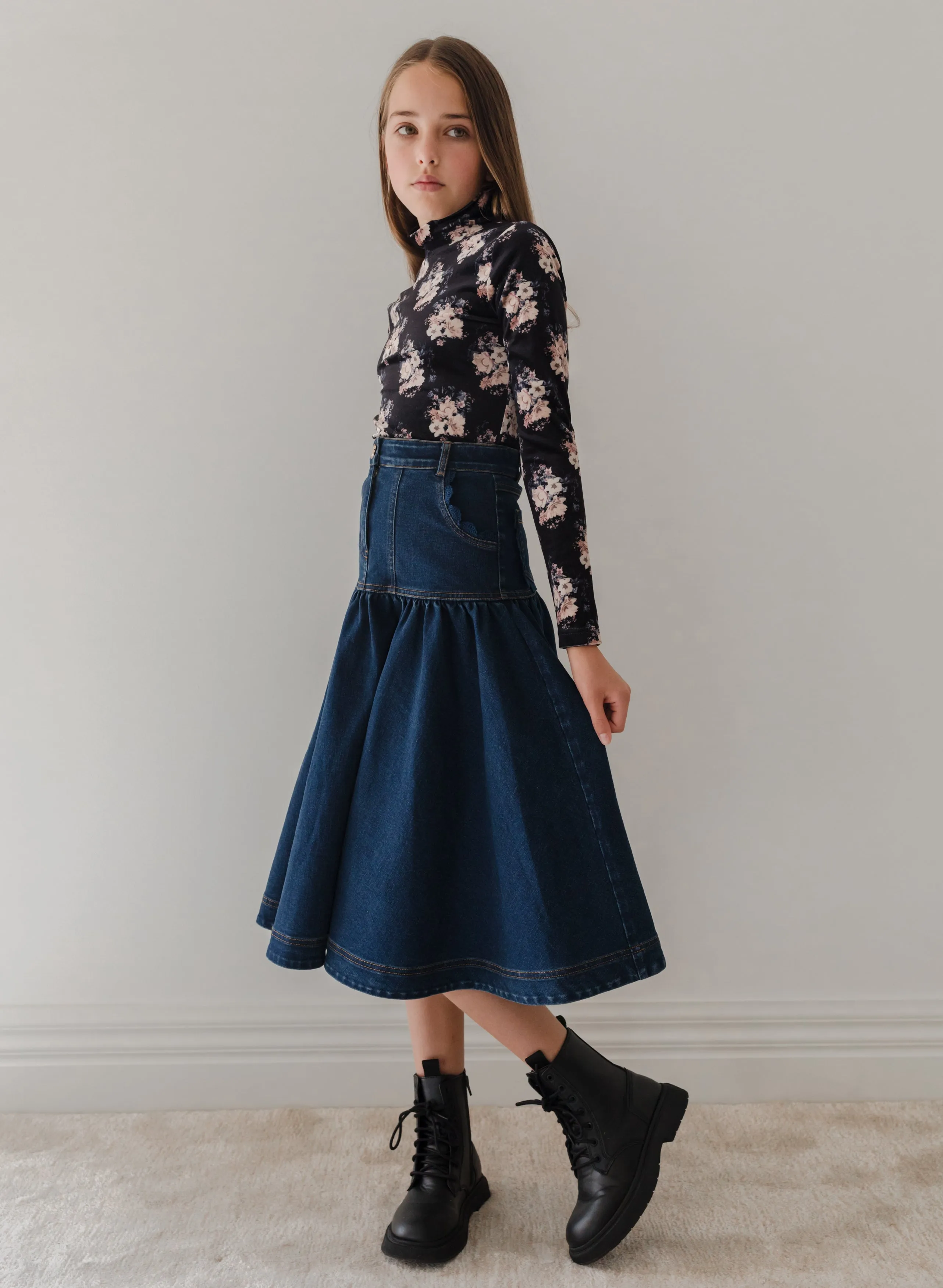 Dark Blue Long Denim Skirt with Elegant Lace Pockets - Item 3096