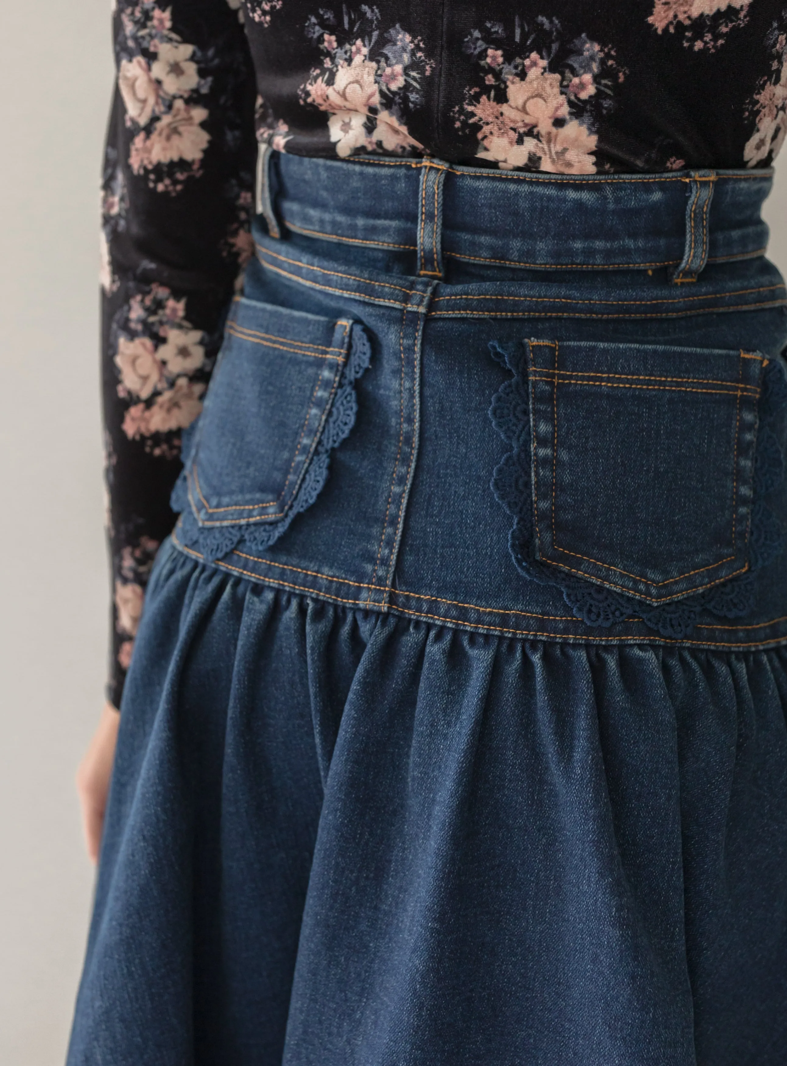 Dark Blue Long Denim Skirt with Elegant Lace Pockets - Item 3096