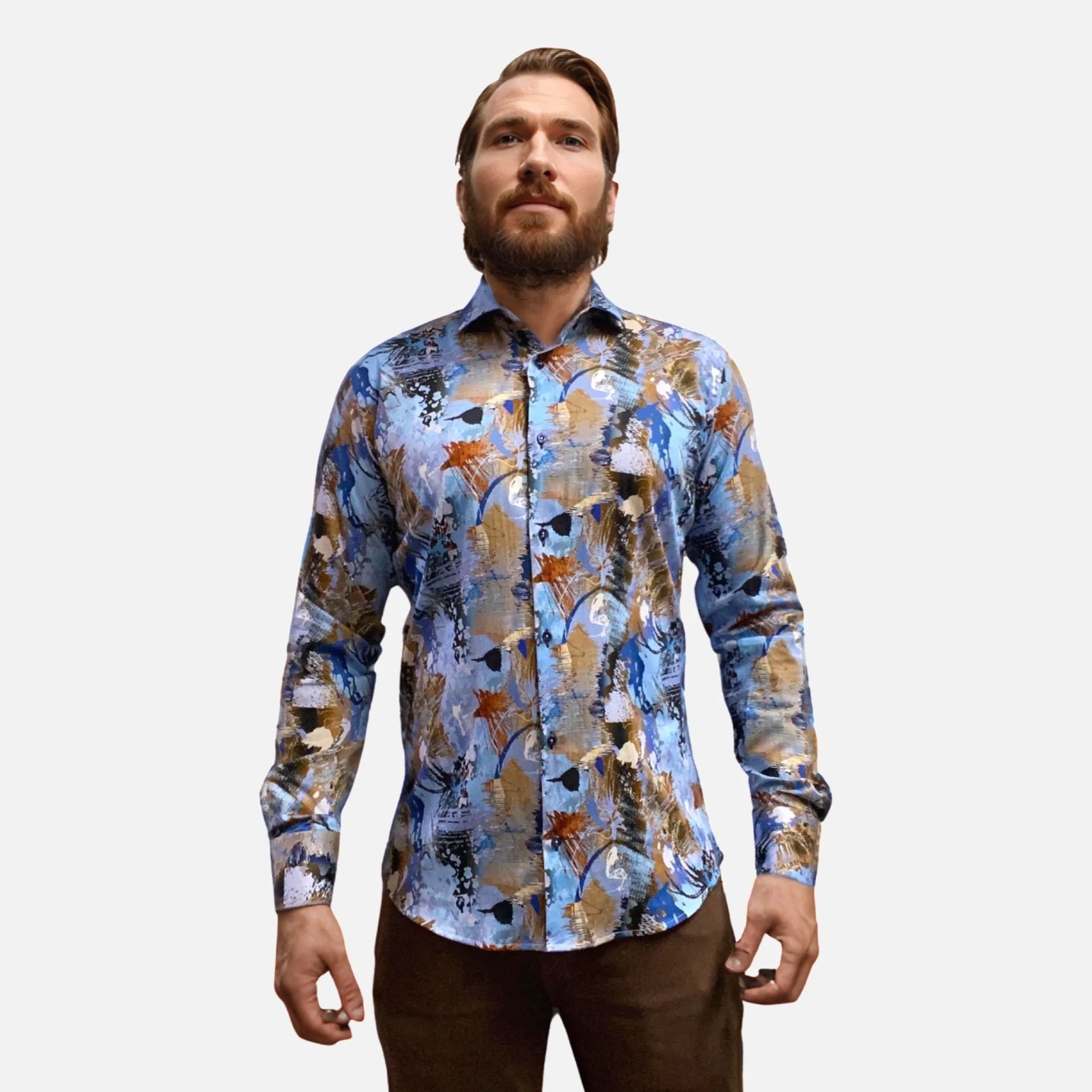 7 Downie St Men's Long Sleeve Blue Fashions Shirt | Clearance