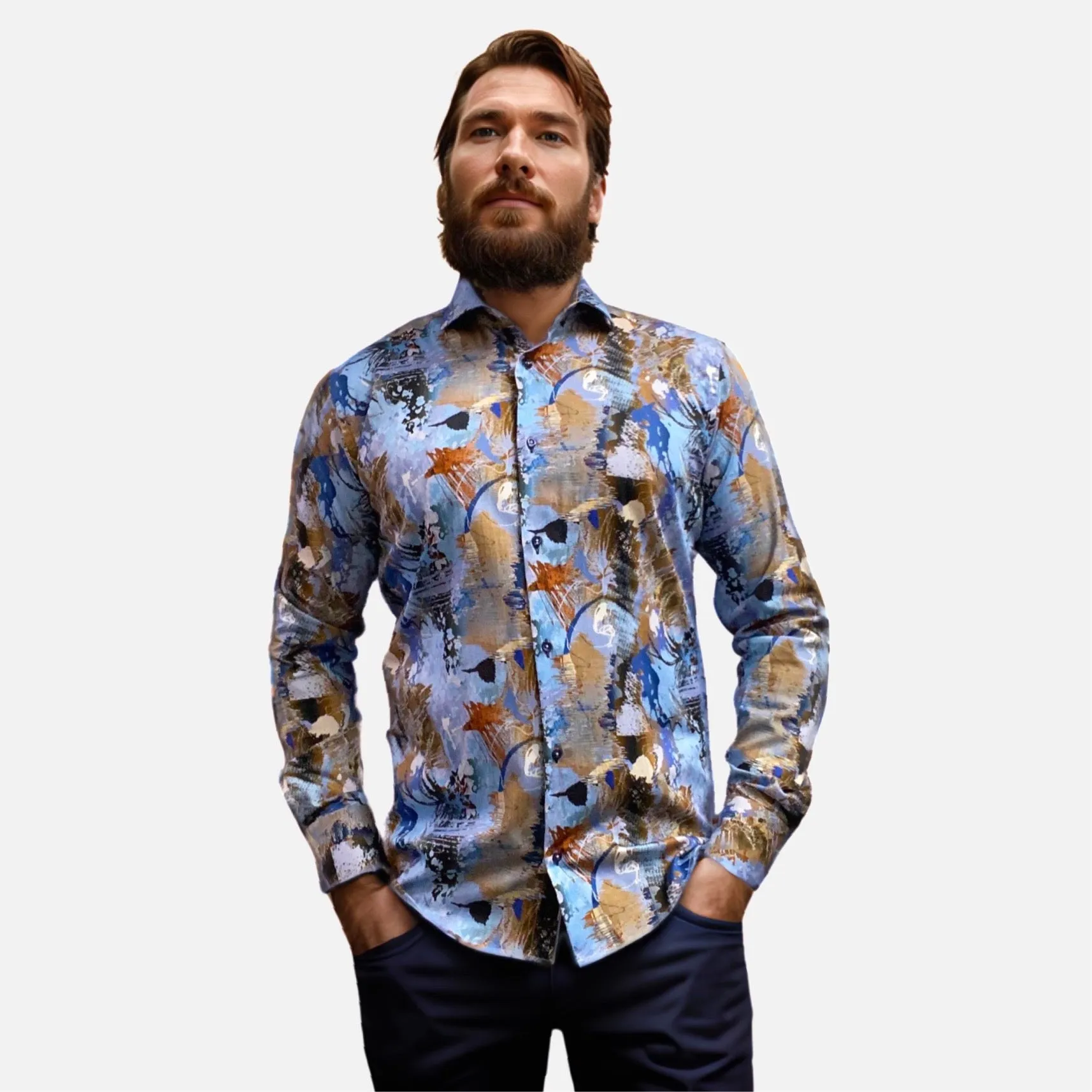 7 Downie St Men's Long Sleeve Blue Fashions Shirt | Clearance