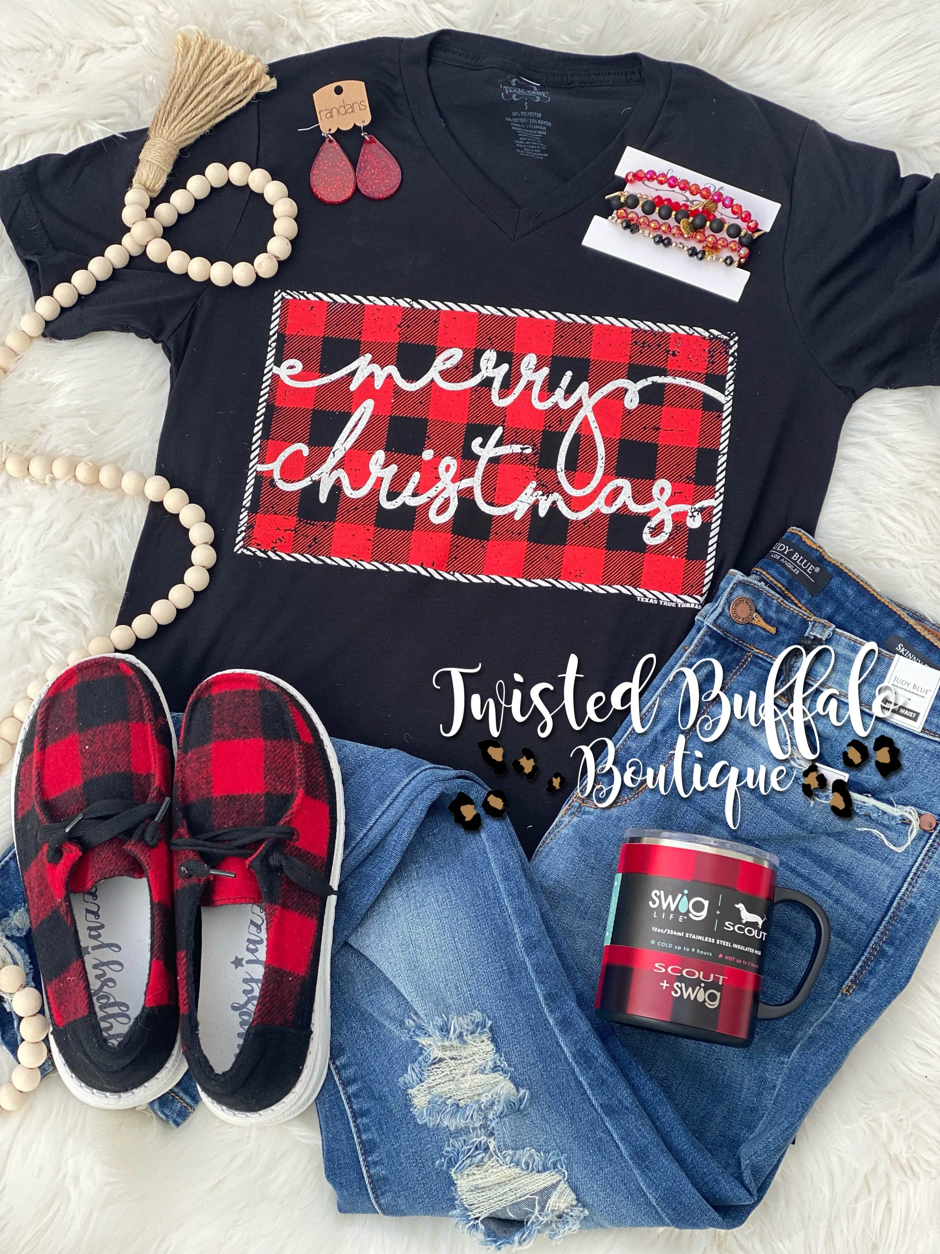 {A LUMBERJACK'S DREAM} Merry Christmas Buffalo Plaid Black V-Neck Tee