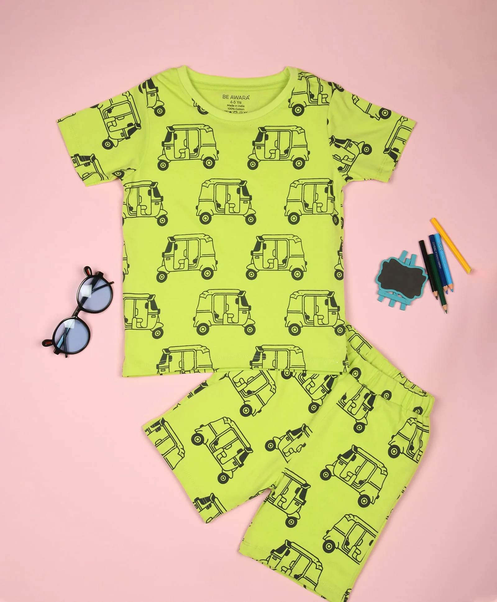 Auto Rickshaw Pattern Half Sleeves T-Shirt & Shorts Set