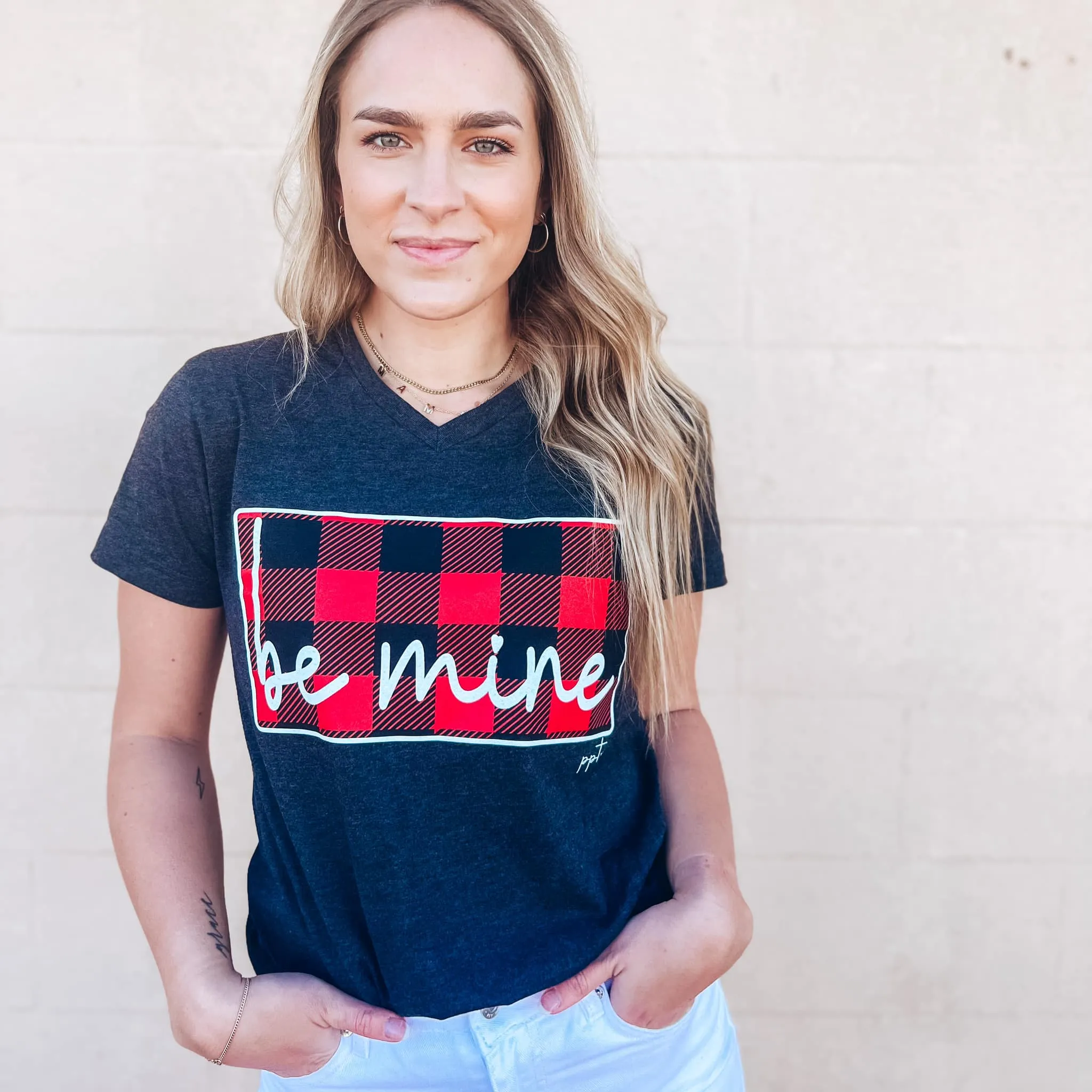 {BE MINE} Buffalo Plaid Charcoal V-Neck Tee