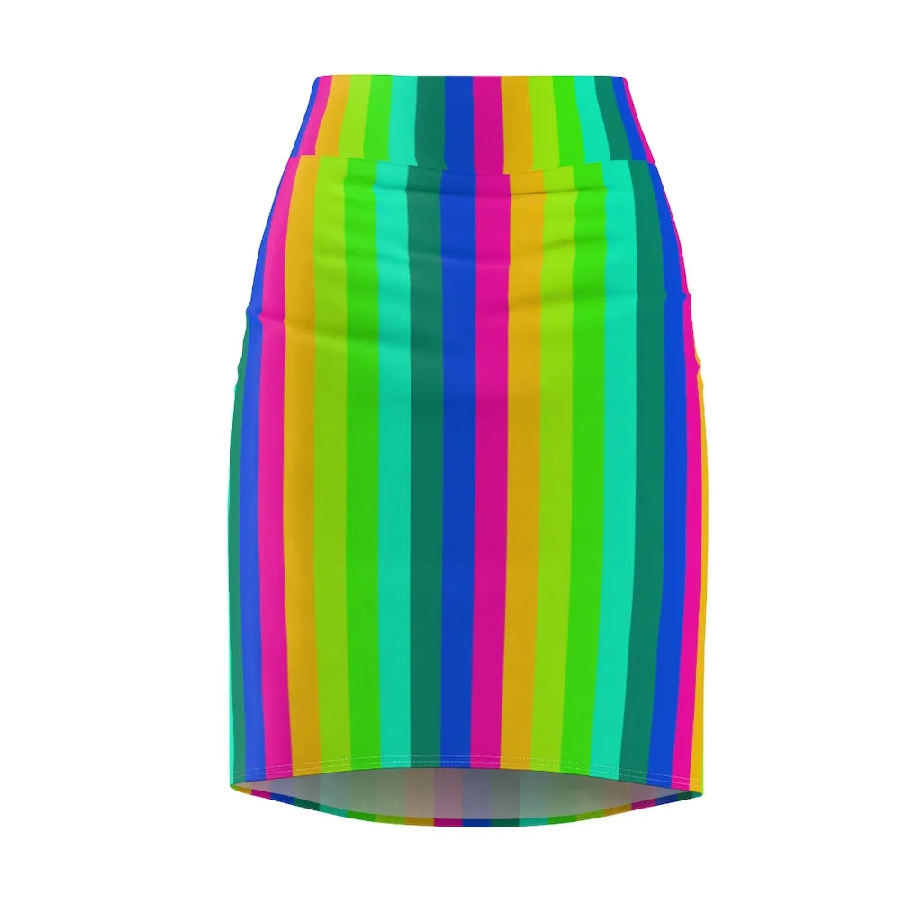 Best Rainbow Women's Pencil Skirt, Vertical Gay Prides Stripes Mid Waist Skirts For Women-Made in USA