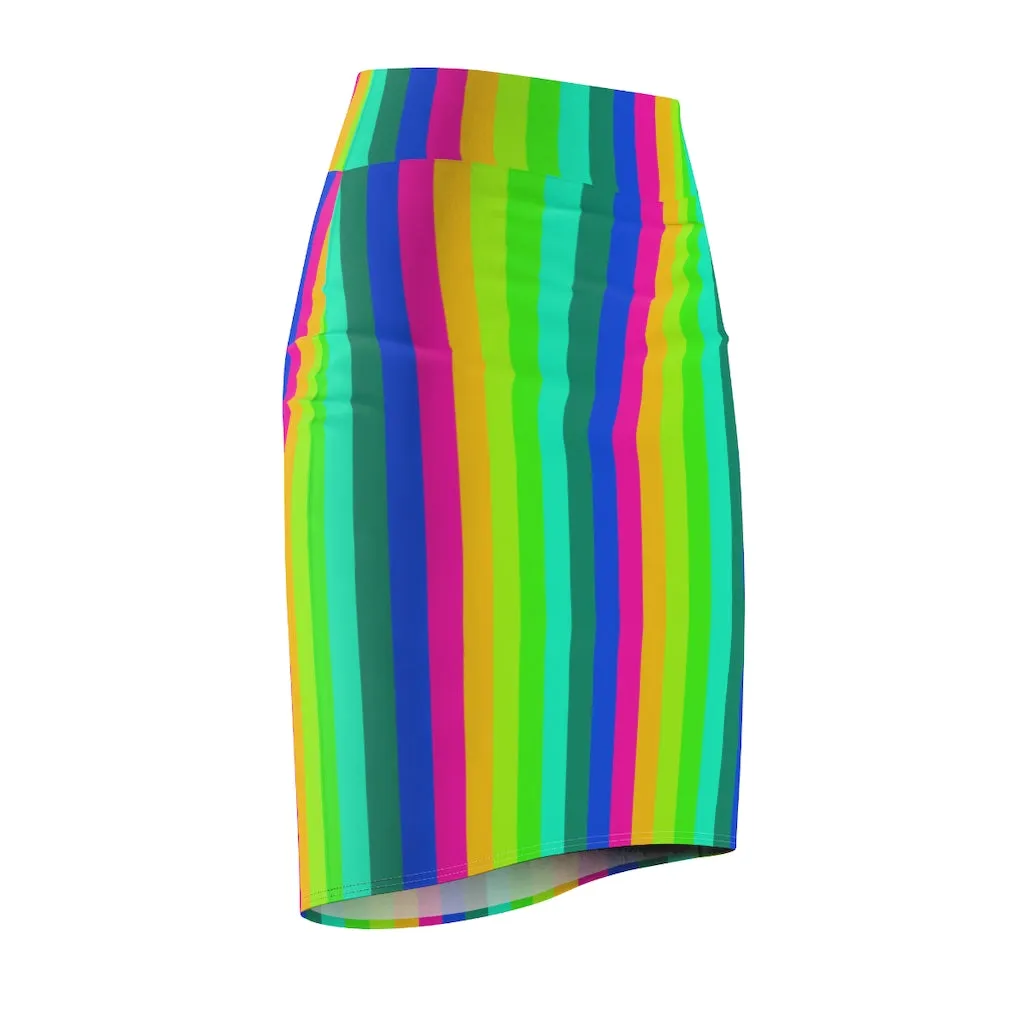 Best Rainbow Women's Pencil Skirt, Vertical Gay Prides Stripes Mid Waist Skirts For Women-Made in USA