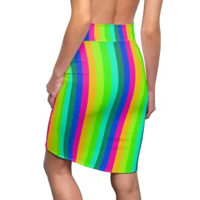 Best Rainbow Women's Pencil Skirt, Vertical Gay Prides Stripes Mid Waist Skirts For Women-Made in USA