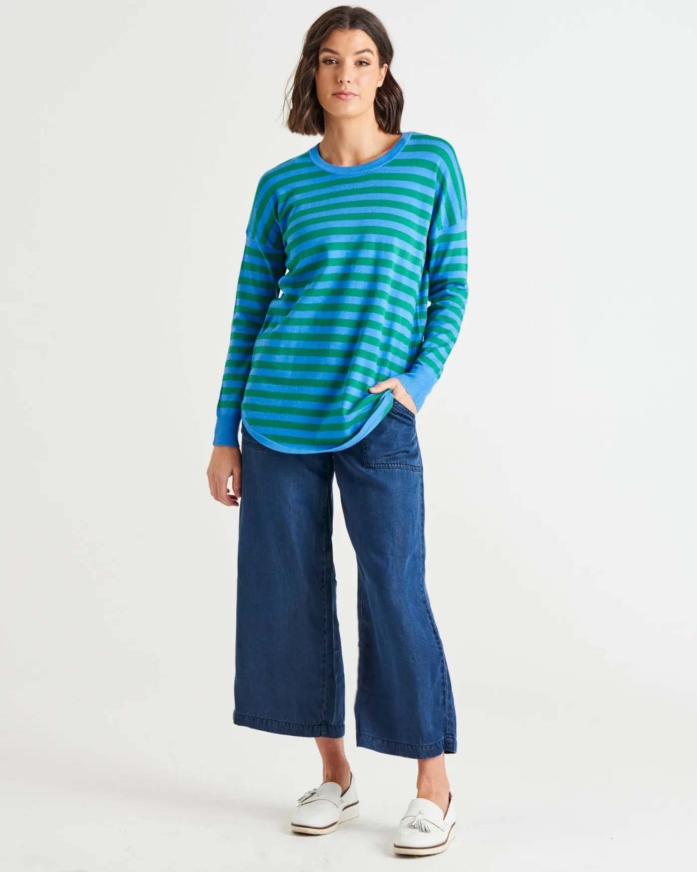 Betty Basics Sophie Knit Jumper - Green/Blue Stripe