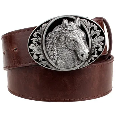 Black Leather belt horse pattern animal belts cowboy style men's jeans belt punk rock style accessories