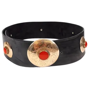 Black Leather Belt with Red Metal Details