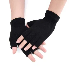 Black Short Half Finger Fingerless Wool Knit Wrist Glove Winter Warm Workout For Women And Men