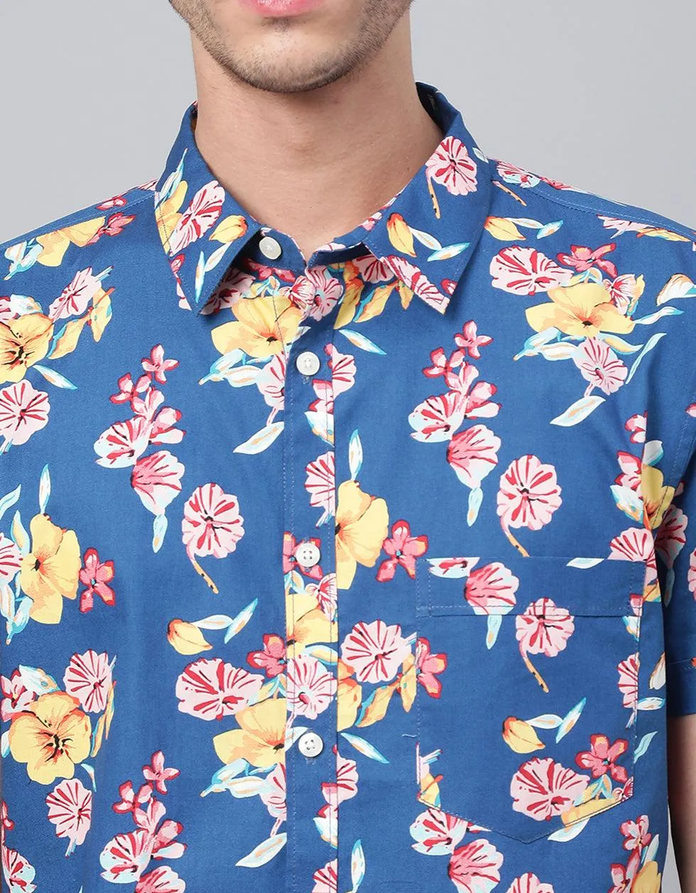 Blue Floral Printed Casual Shirt