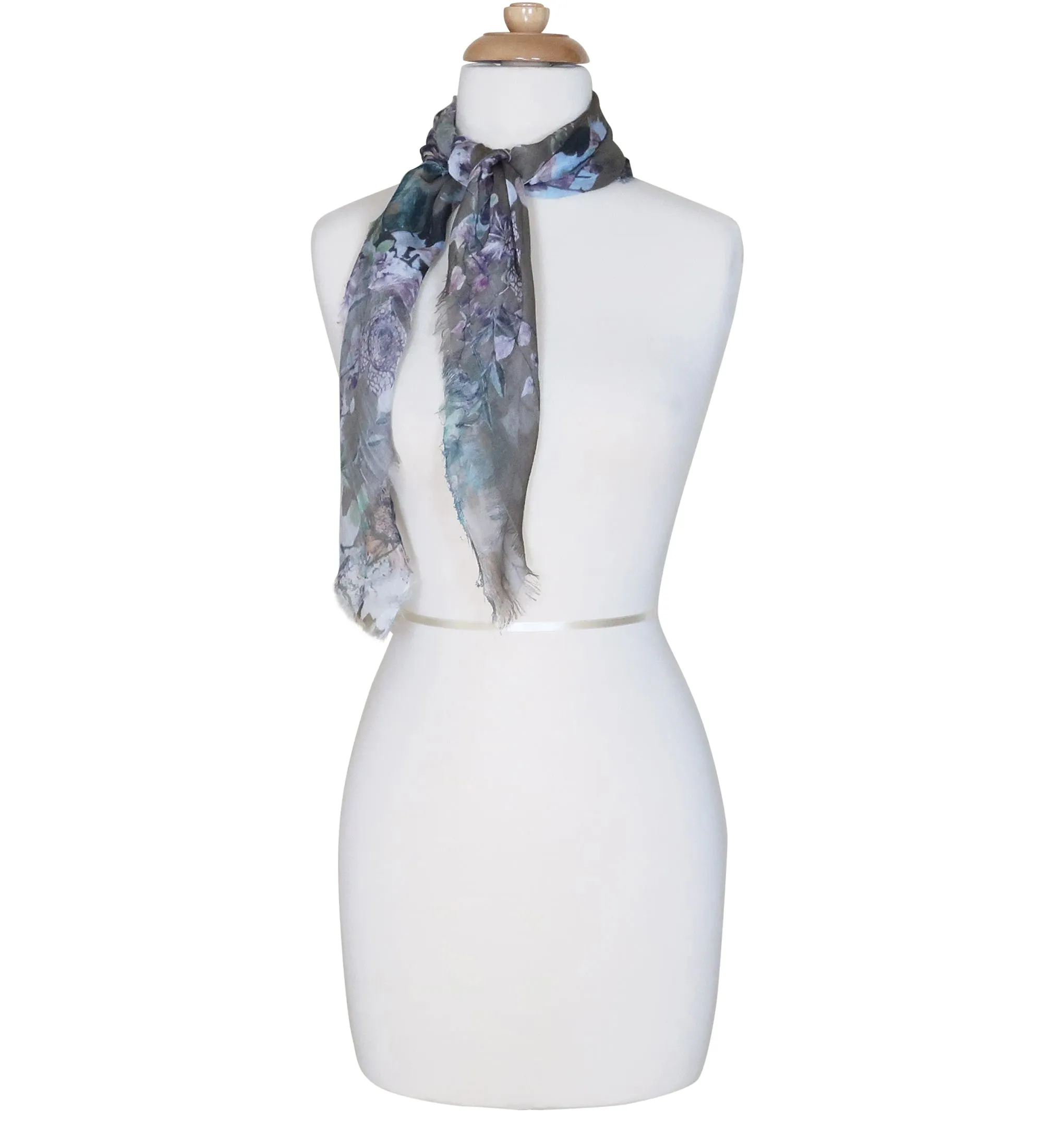 Blue Pacific Floral Micromodal and Silk Neckerchief Scarf in Taupe