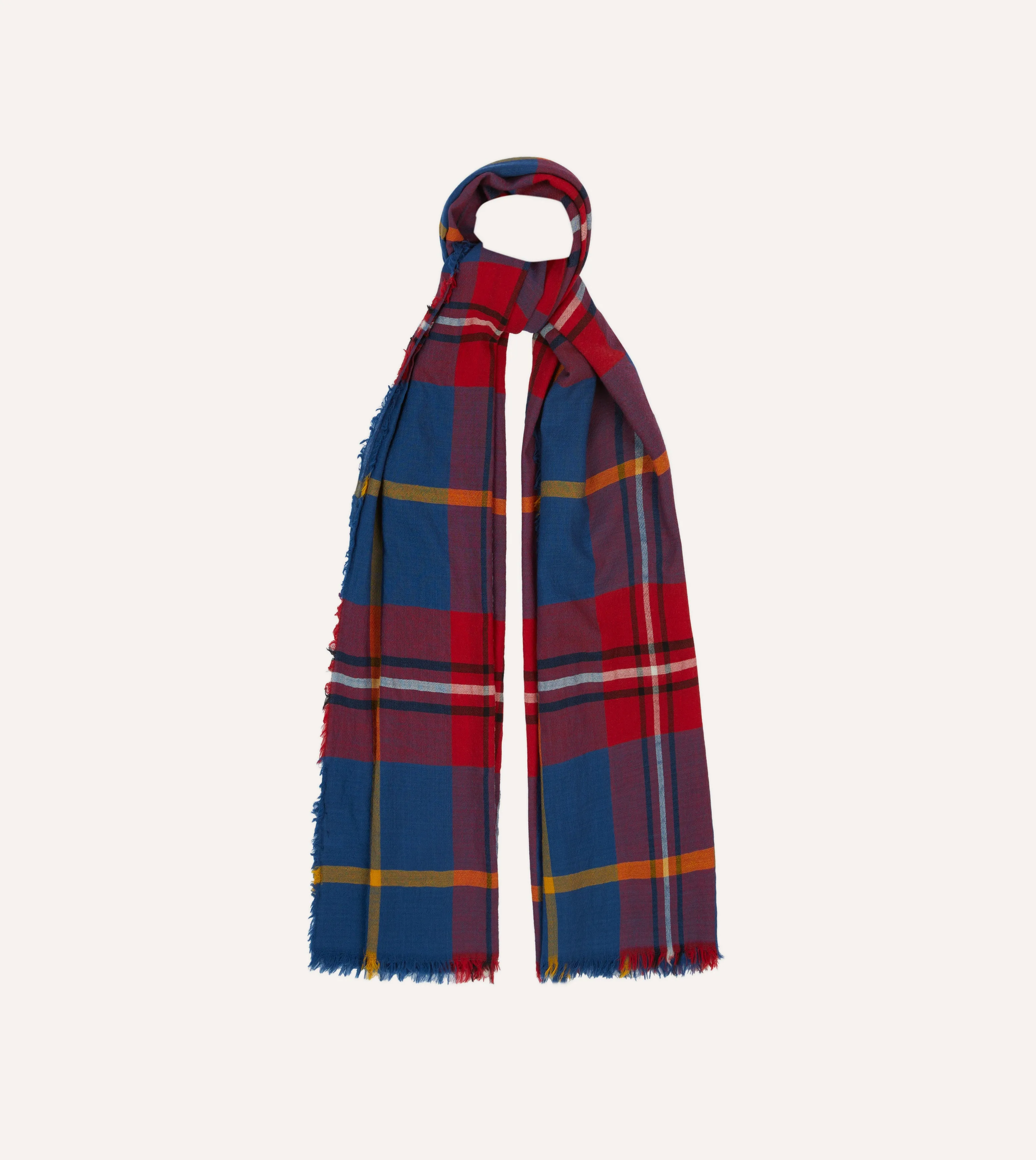 Blue Tartan Washed Check Wool Scarf