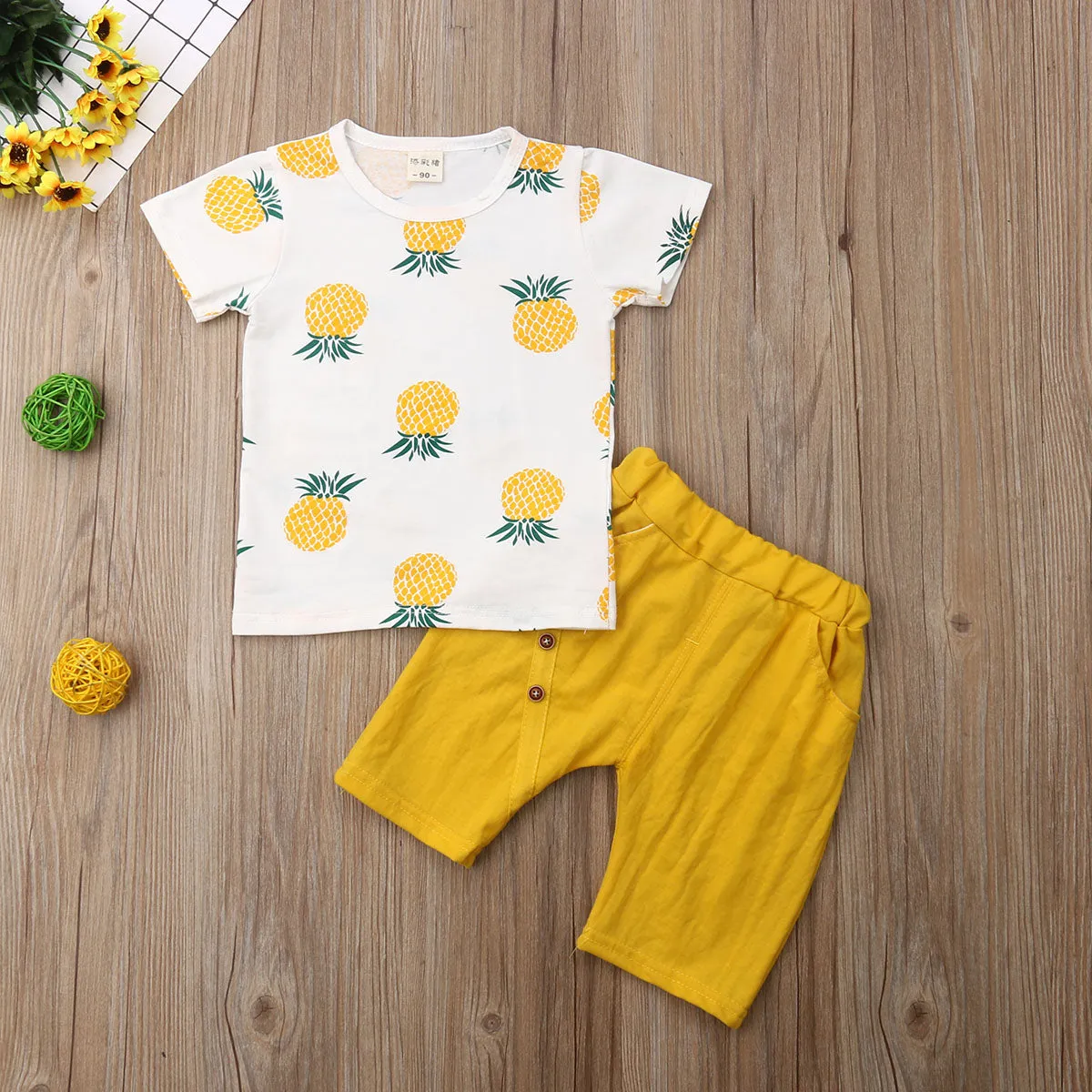 Boys Pineapple Graphic Shirt with Yellow or Green Shorts Set Toddler Boy Outfits