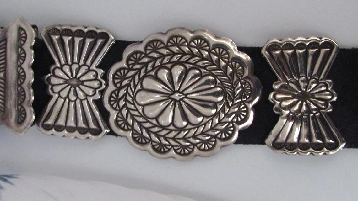 BUTTERFLY CONCHO 70s Navajo Silver and Leather Belt, Waist 35 & Under