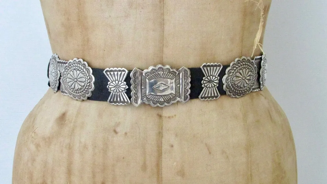 BUTTERFLY CONCHO 70s Navajo Silver and Leather Belt, Waist 35 & Under