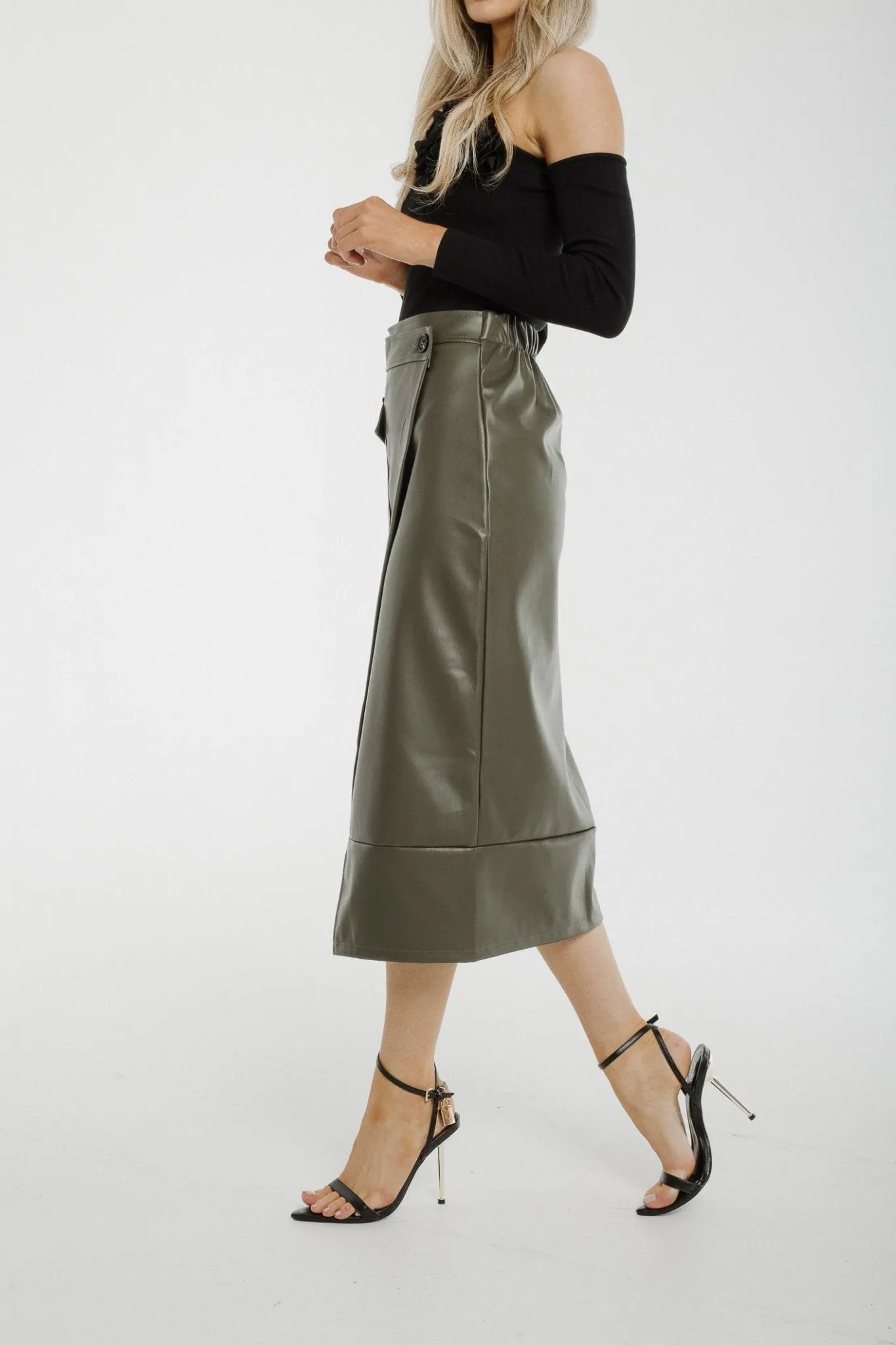 Caitlyn Wrap Faux Leather Midi Skirt In Khaki