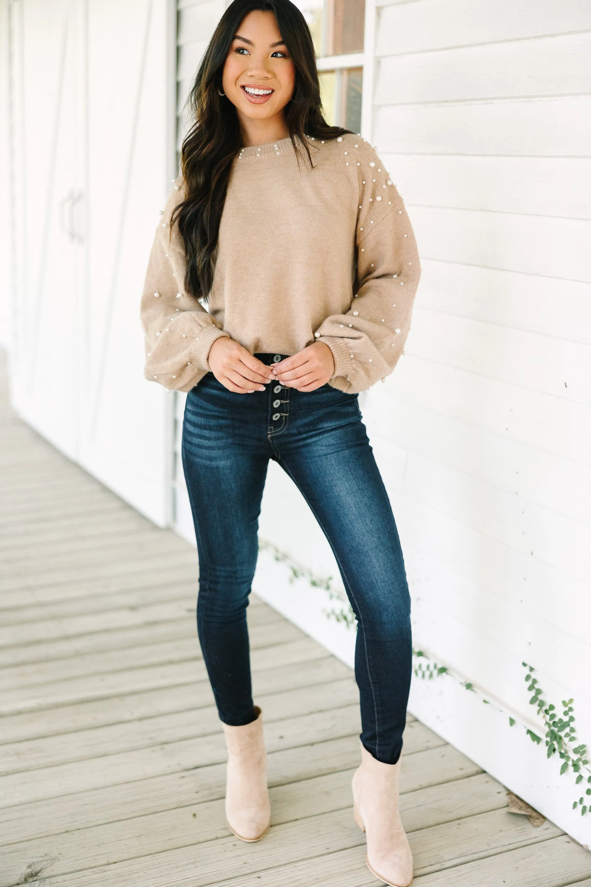 Can't Help But Love Latte Brown Pearl Studded Sweater