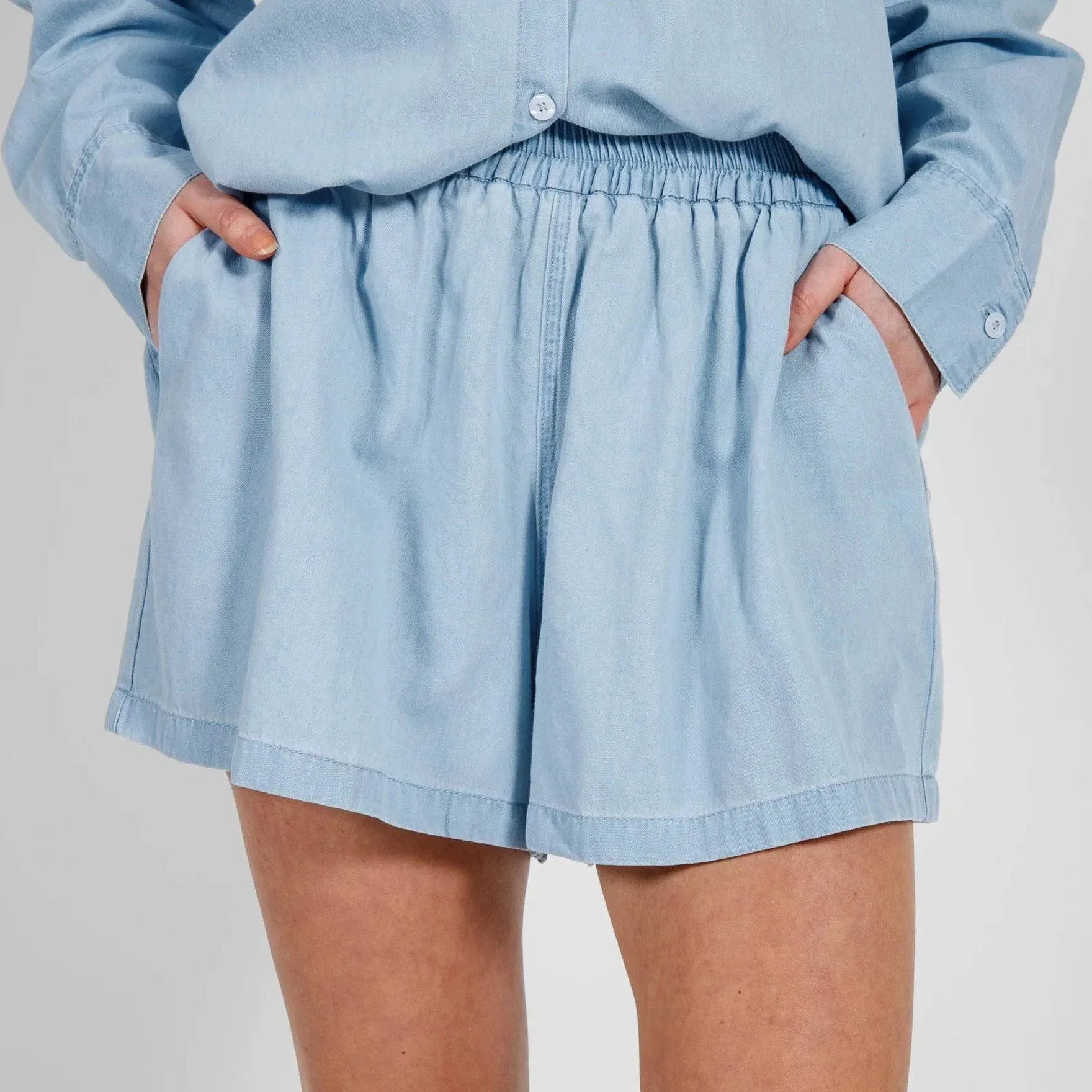 Chambray Denim High Waisted Shorts