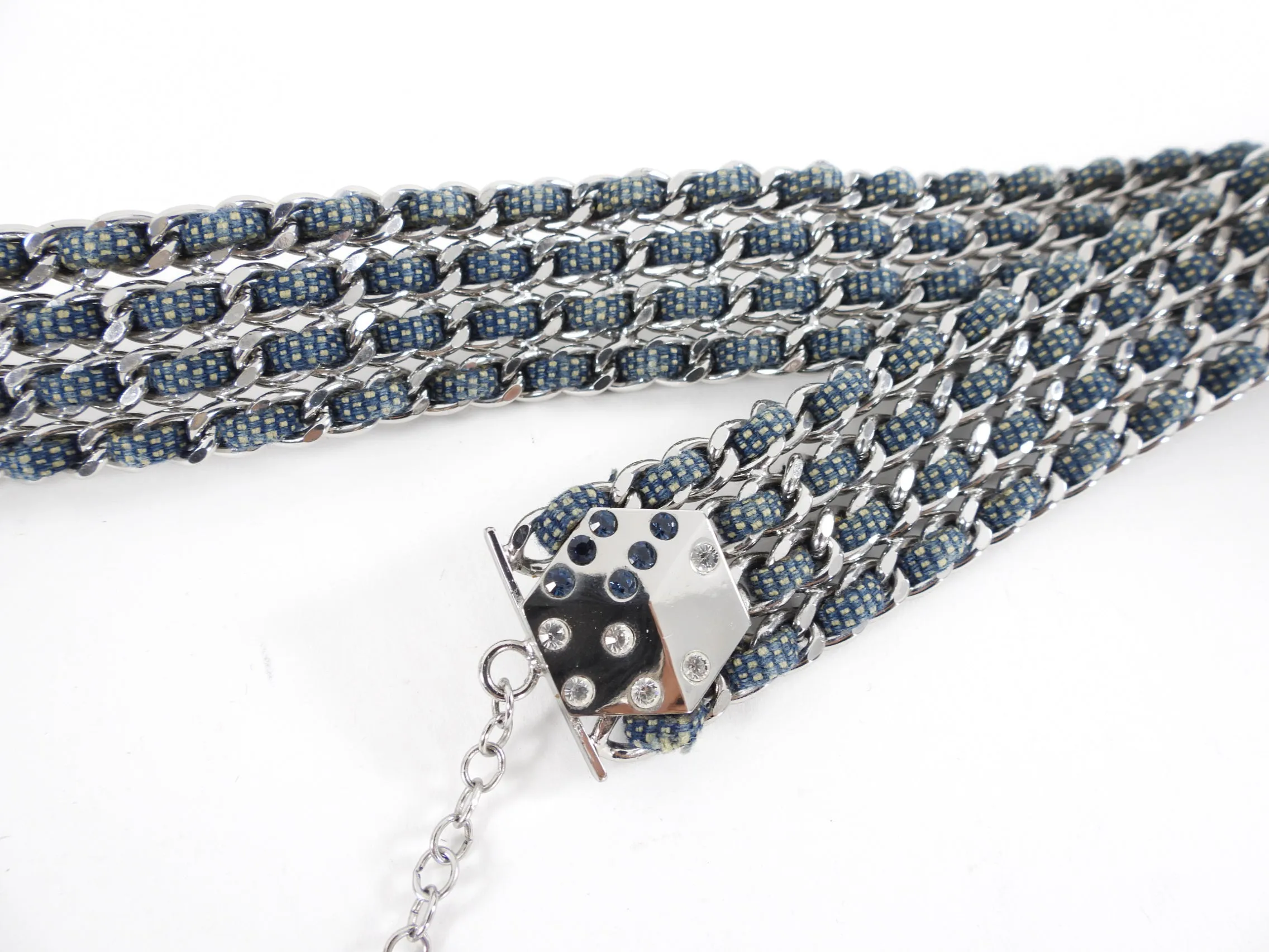 Chanel 01P Blue Denim and Silver Chain Dice Gamble Belt - L