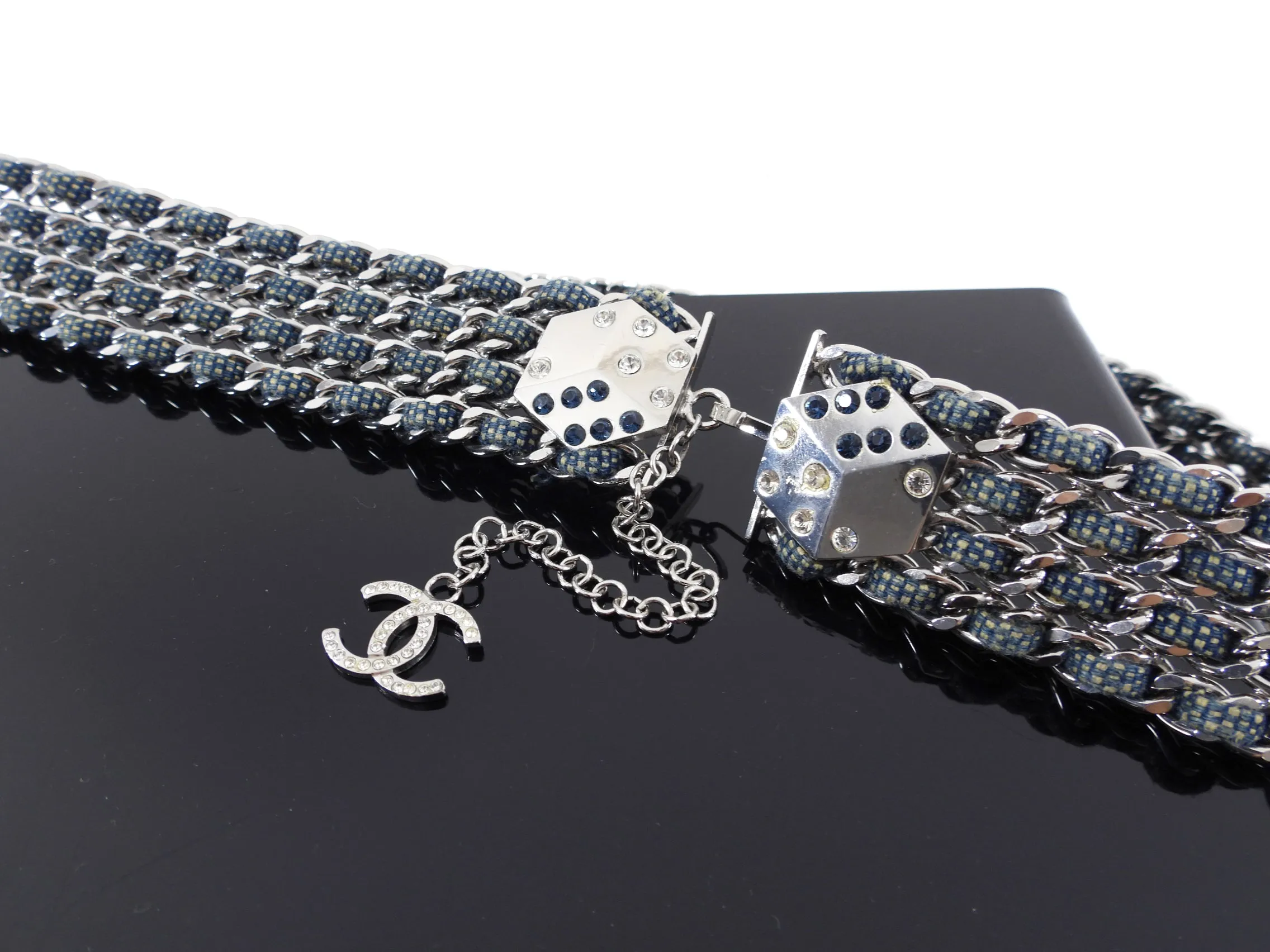 Chanel 01P Blue Denim and Silver Chain Dice Gamble Belt - L