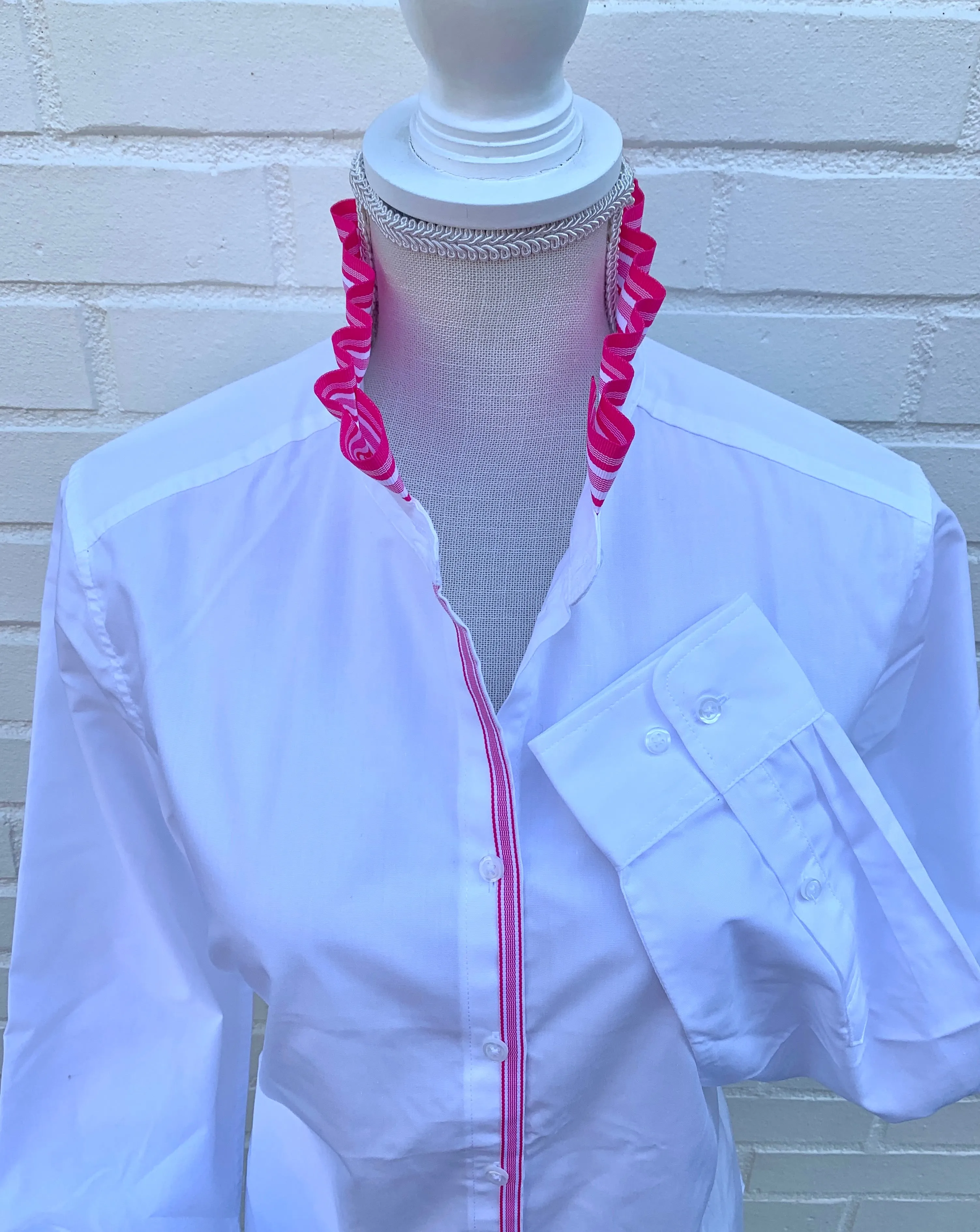 Kate Ruffled Ribbon Collar - White w Fuchsia & White Stripe Ribbon (KT02)