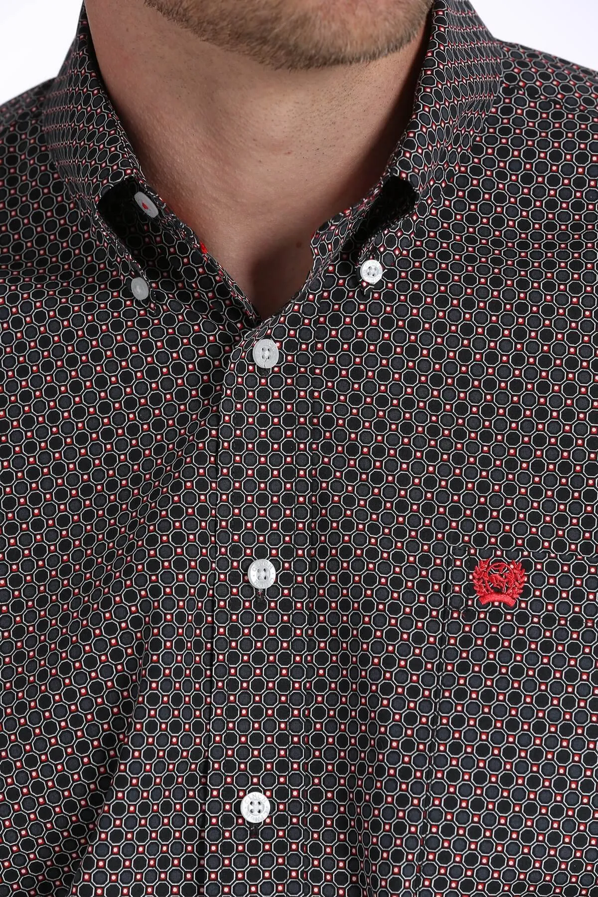 Men's Cinch Black and Red Honeycomb Geometric Print Shirt