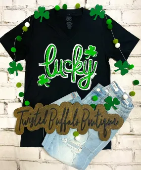 {PUSH MY LUCK} Lucky Green Polkadot Black V-Neck Tee