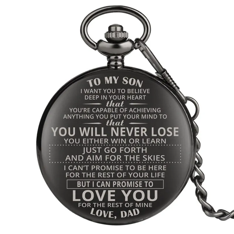 "To My Son Love Dad" Retro Black Engraved Greeting Quartz Pocket Watch