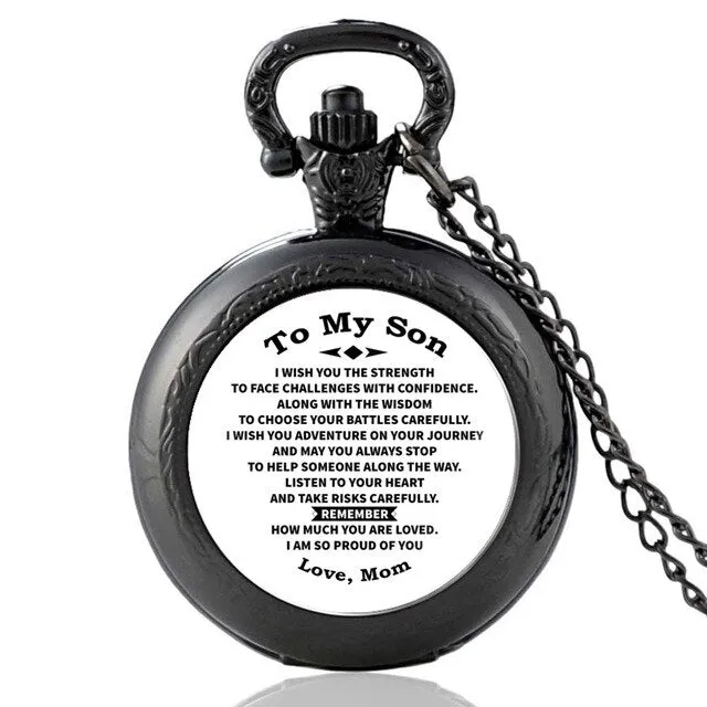 "To My Son Love Mom" Glass Cabochon Vintage Quartz Chain Link Pendant Pocket Watch