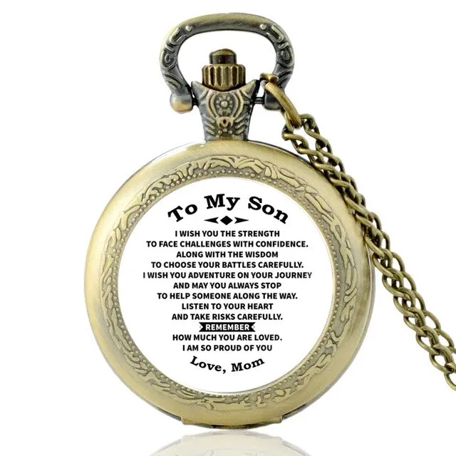 "To My Son Love Mom" Glass Cabochon Vintage Quartz Chain Link Pendant Pocket Watch