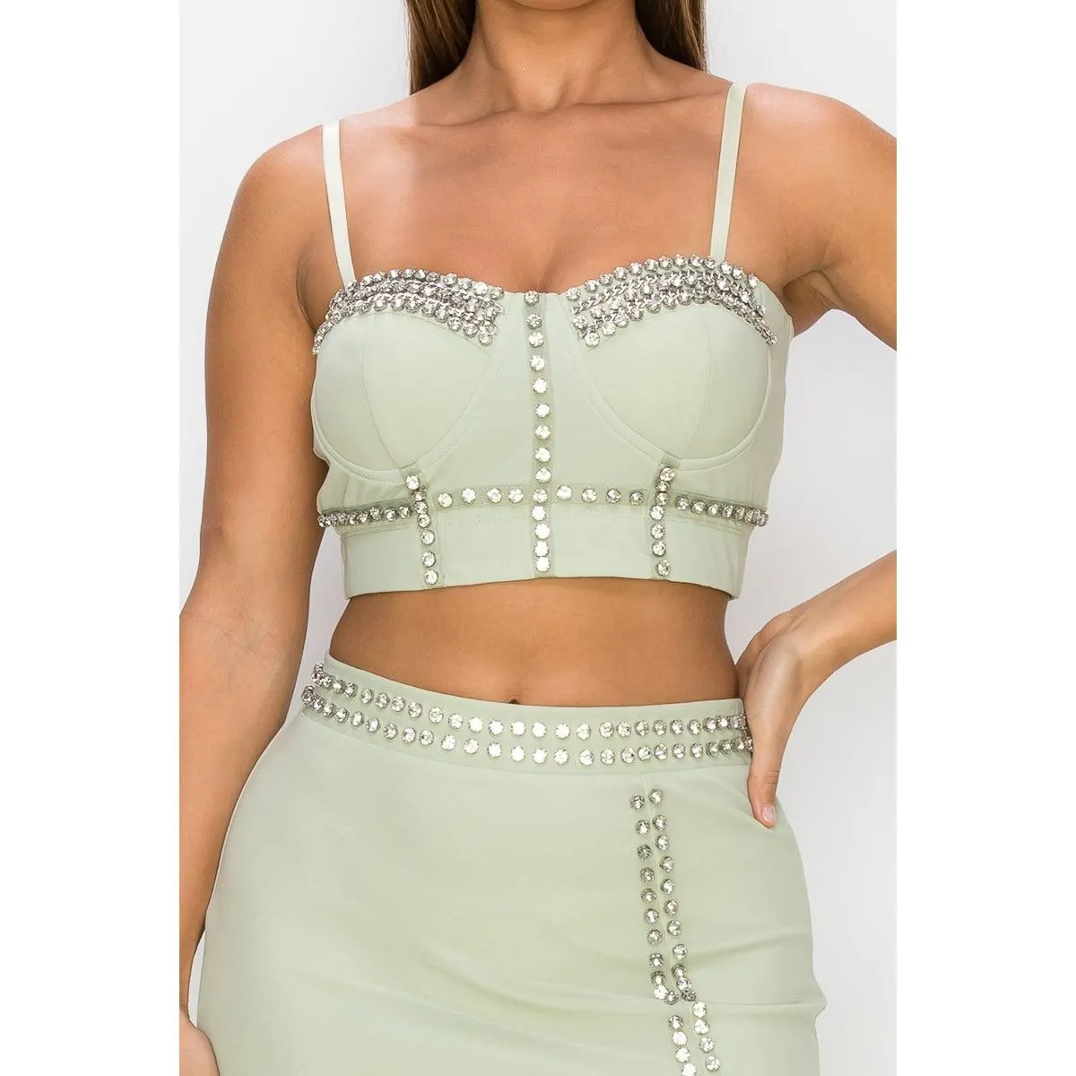 Studded Stone Cami Top & Slit Mini Skirts Set