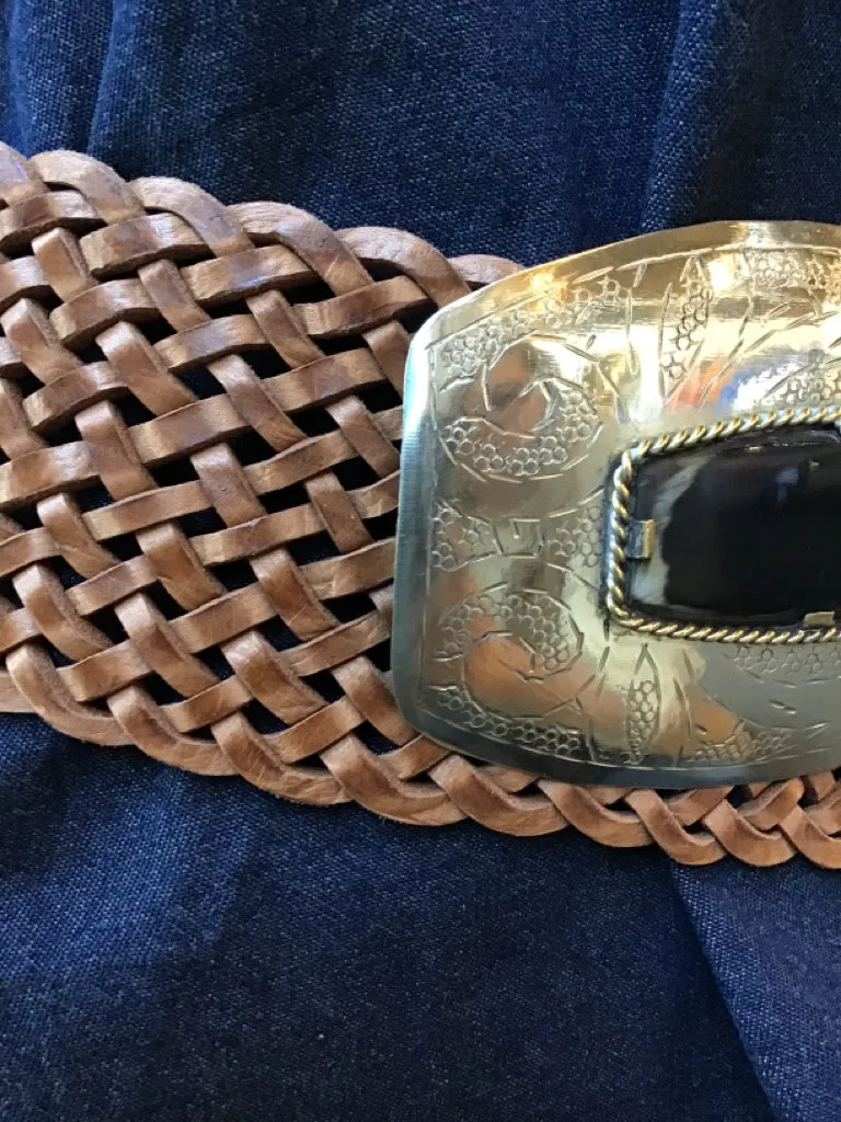 Tan Woven Rectangle Bone Buckle Belt