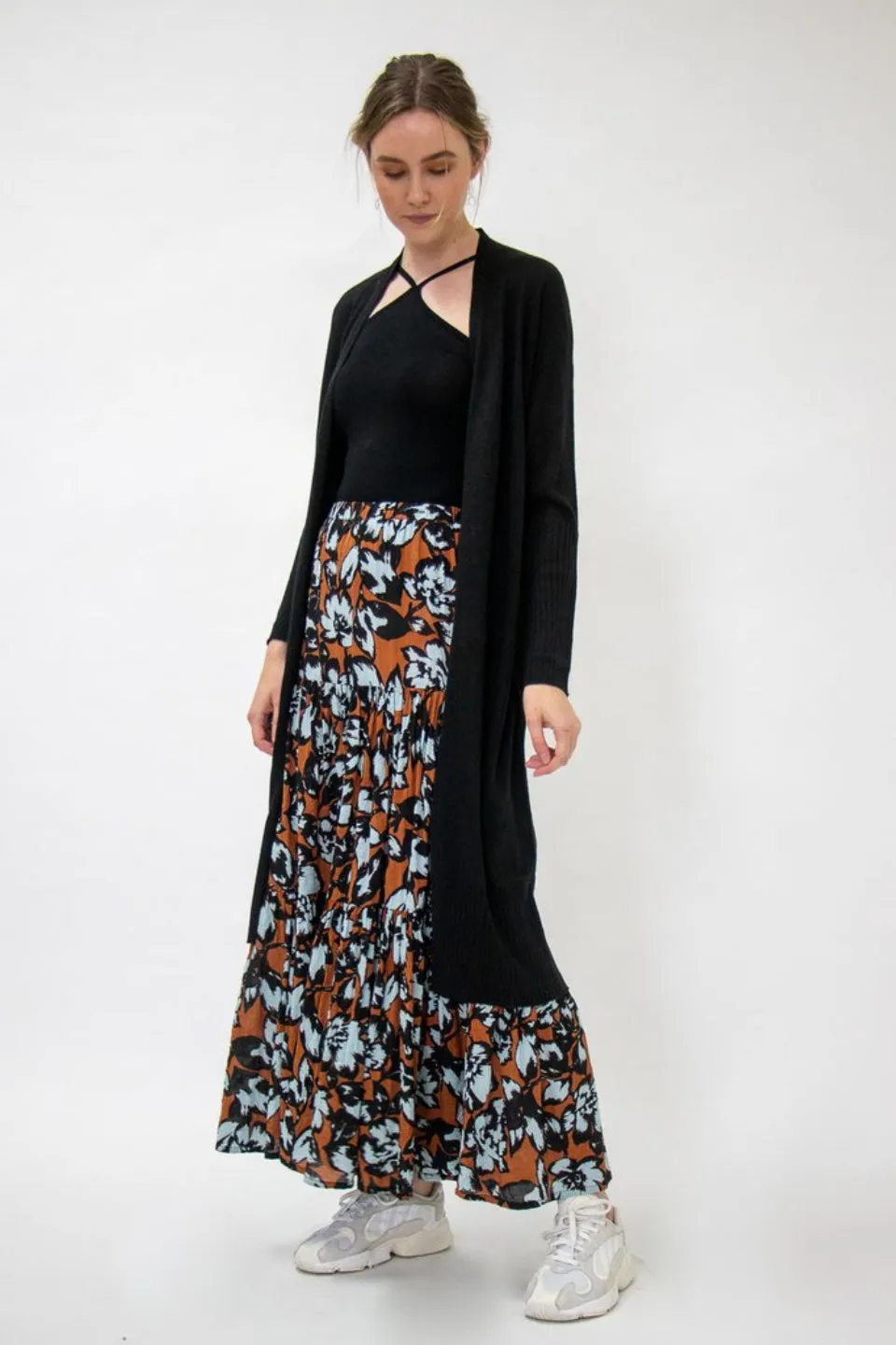 Teresa Cotton Tiered Cinnamon Sky Floral Maxi Skirt