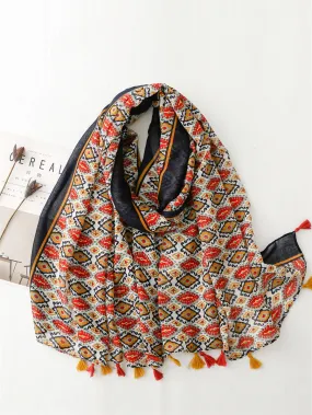 Women Ethnic Print Tassel Shawl Scarf PA1028