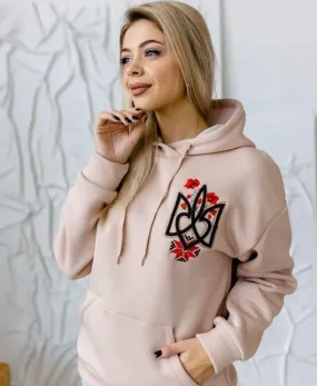 Women's Beige Hoodie- Tryzub and Poppies